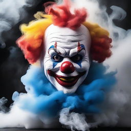 A detailed image of a clown mask surrounded by swirling smoke