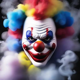 A detailed image of a clown mask surrounded by swirling smoke