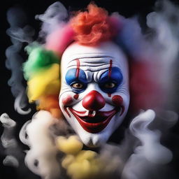 A detailed image of a clown mask surrounded by swirling smoke