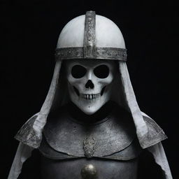 Ancient ghost wearing a helmet set against a stark white and black background