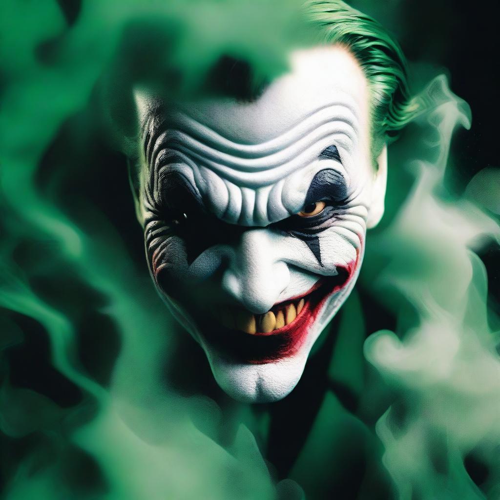 A detailed image of a Joker mask surrounded by swirling black and green smoke