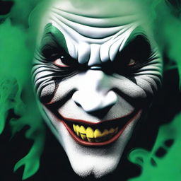 A detailed image of a Joker mask surrounded by swirling black and green smoke