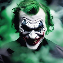 A detailed image of a Joker mask surrounded by swirling black and green smoke