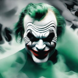 A detailed image of a Joker mask surrounded by swirling black and green smoke