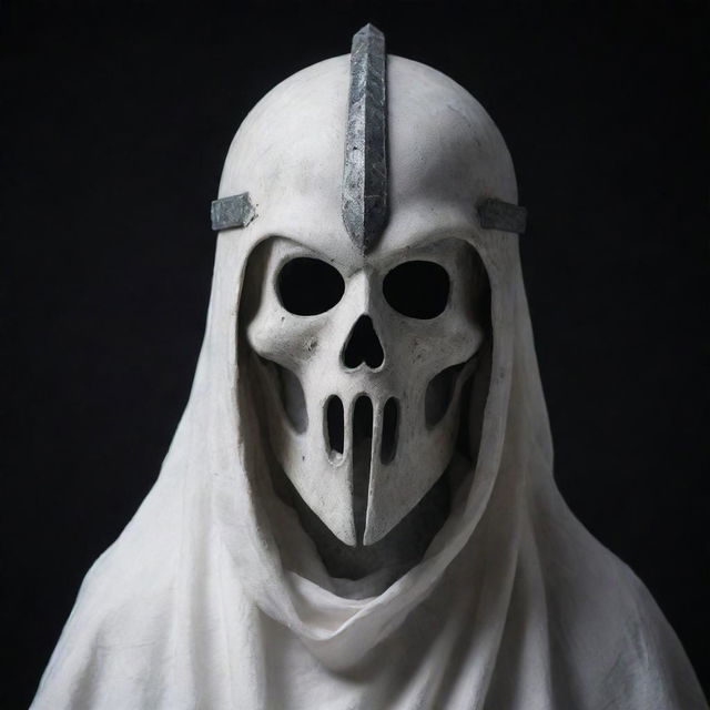 Ancient ghost wearing a helmet set against a stark white and black background