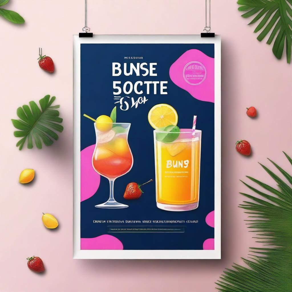 Create a vibrant and eye-catching poster for the grand opening of BUNS & BOTTLES cocktail bar in Warsaw