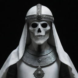 Ancient ghost wearing a helmet set against a stark white and black background