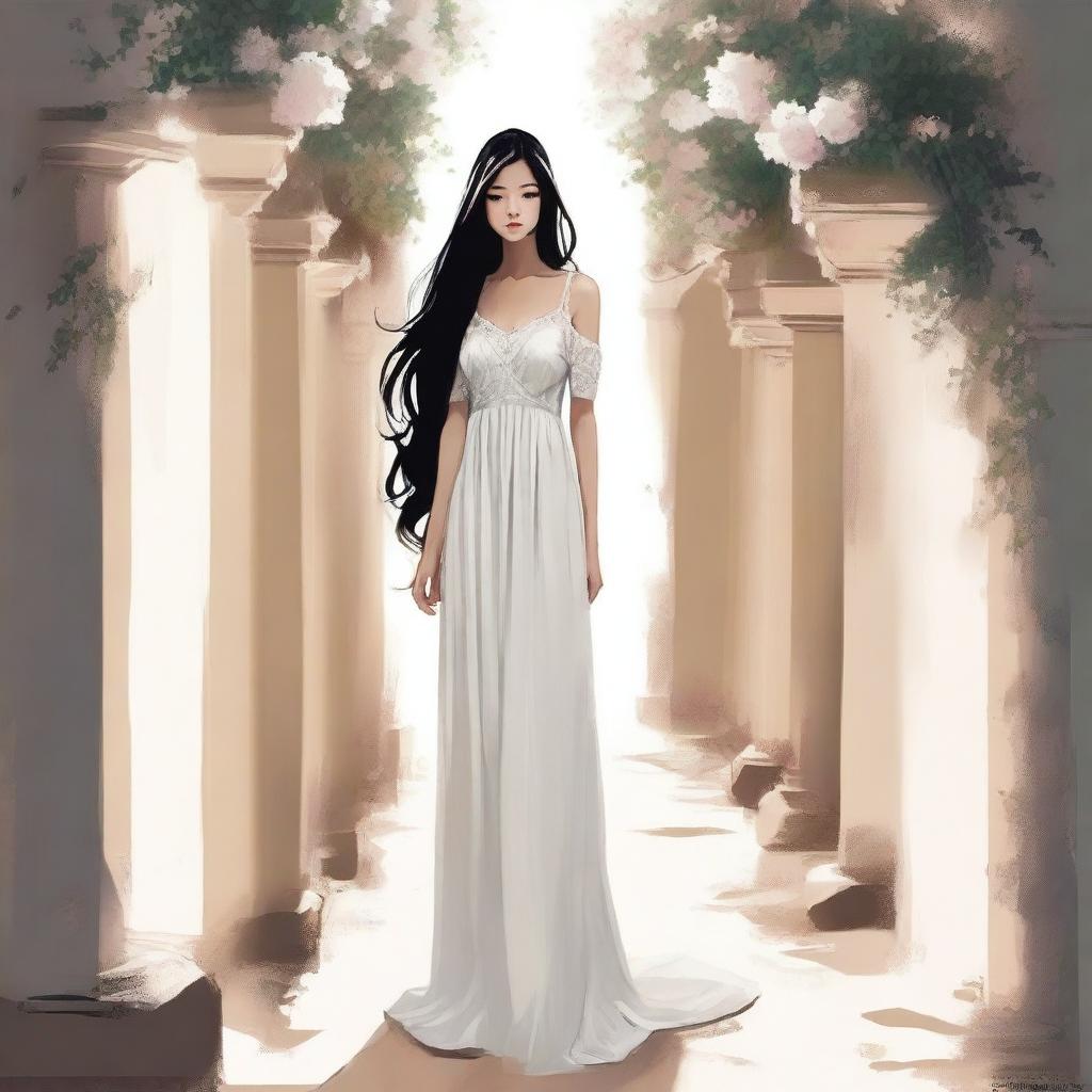 Draw a girl with long black hair wearing a white dress, standing in a narrow rocky hallway