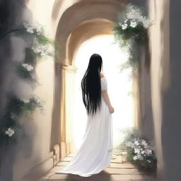 Draw a girl with long black hair wearing a white dress, standing in a narrow rocky hallway