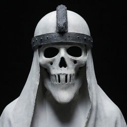 Ancient ghost wearing a helmet set against a stark white and black background