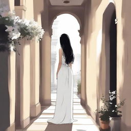 Draw a girl with long black hair wearing a white dress, standing in a narrow rocky hallway