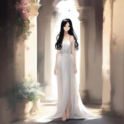 Draw a girl with long black hair wearing a white dress, standing in a narrow rocky hallway