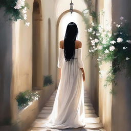 Draw a girl with long black hair wearing a white dress, walking through a narrow, long rocky hallway