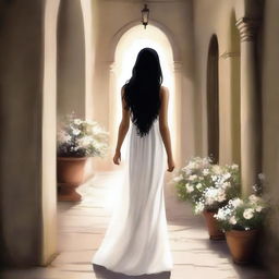 Draw a girl with long black hair wearing a white dress, walking through a narrow, long rocky hallway