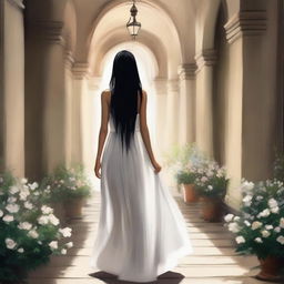 Draw a girl with long black hair wearing a white dress, walking through a narrow, long rocky hallway