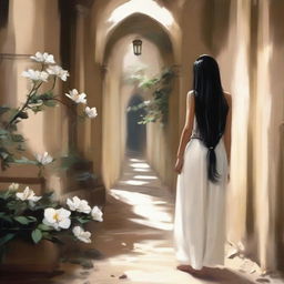 Draw a girl with long black hair wearing a white dress, walking through a narrow, long rocky hallway