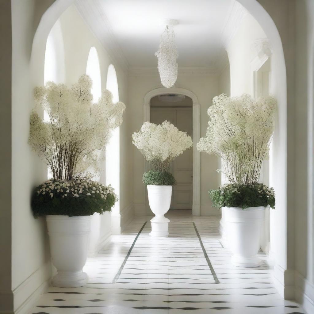 Draw white plants and flowers in pots arranged along a hallway