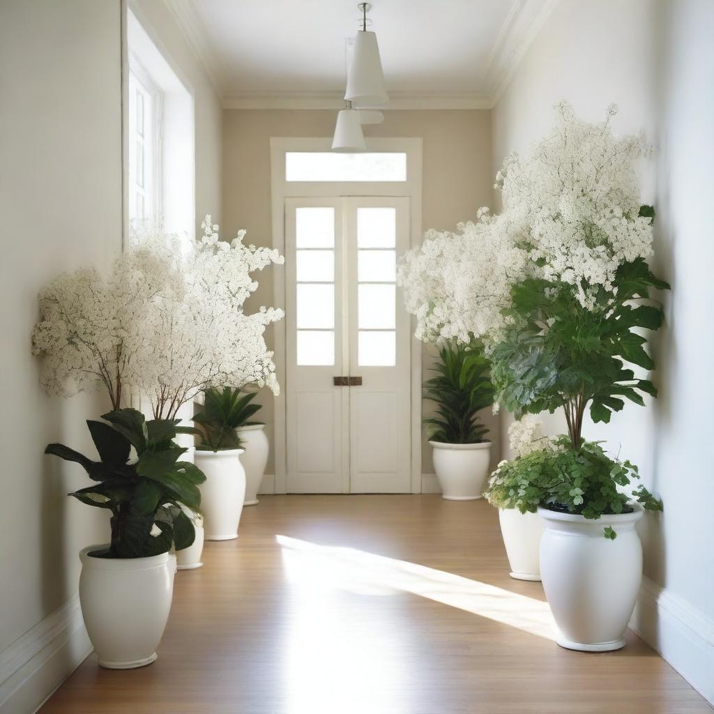 Draw white plants and flowers in pots arranged along a hallway