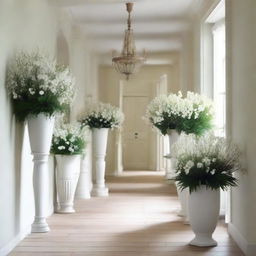 Draw white plants and flowers in pots arranged along a hallway