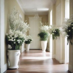 Draw white plants and flowers in pots arranged along a hallway