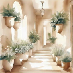 Create a watercolor drawing of white plants and flowers in pots arranged along a beige hallway, reminiscent of an Italian setting