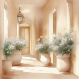 Create a watercolor drawing of white plants and flowers in pots arranged along a beige hallway, reminiscent of an Italian setting