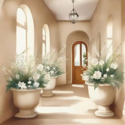 Create a watercolor drawing of white plants and flowers in pots arranged along a beige hallway, reminiscent of an Italian setting