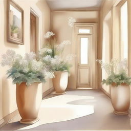 Create a watercolor drawing of white plants and flowers in pots arranged along a beige hallway, reminiscent of an Italian setting