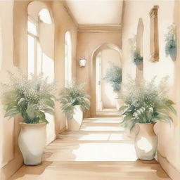 Create a watercolor drawing of white plants and flowers in pots arranged along a beige hallway, reminiscent of an Italian setting