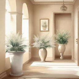 Create a watercolor drawing of white plants and flowers in pots arranged along a beige hallway, reminiscent of an Italian setting