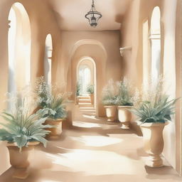 Create a watercolor drawing of white plants and flowers in pots arranged along a beige hallway, reminiscent of an Italian setting