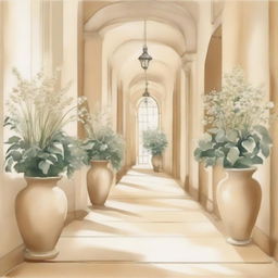 Create a watercolor drawing of white plants and flowers in pots arranged along a beige hallway, reminiscent of an Italian setting