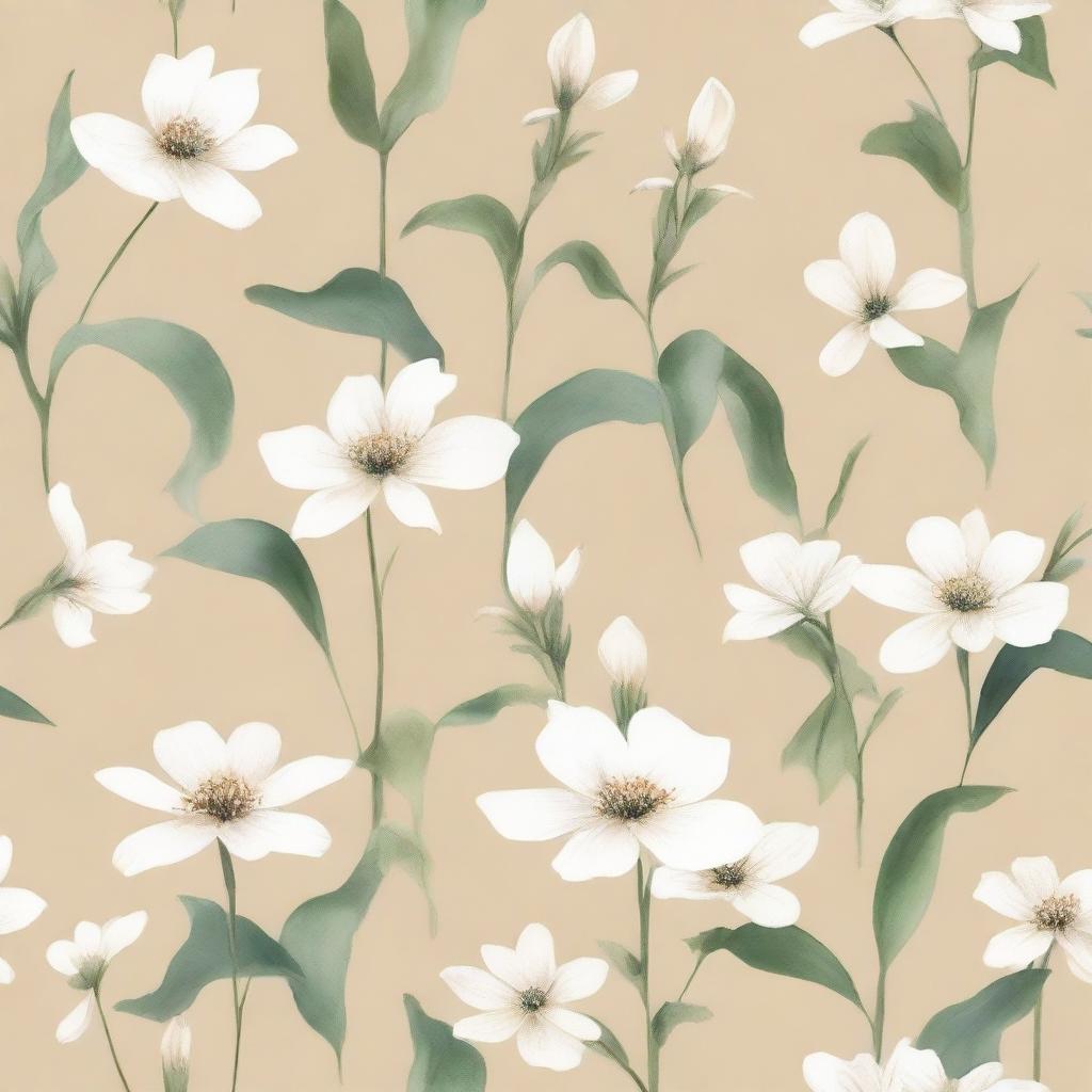 Create a watercolor painting of white plants and flowers with a beige background, inspired by Italian aesthetics