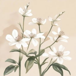 Create a watercolor painting of white plants and flowers with a beige background, inspired by Italian aesthetics