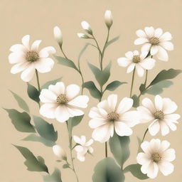 Create a watercolor painting of white plants and flowers with a beige background, inspired by Italian aesthetics