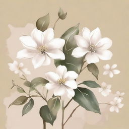 Create a watercolor painting of white plants and flowers with a beige background, inspired by Italian aesthetics