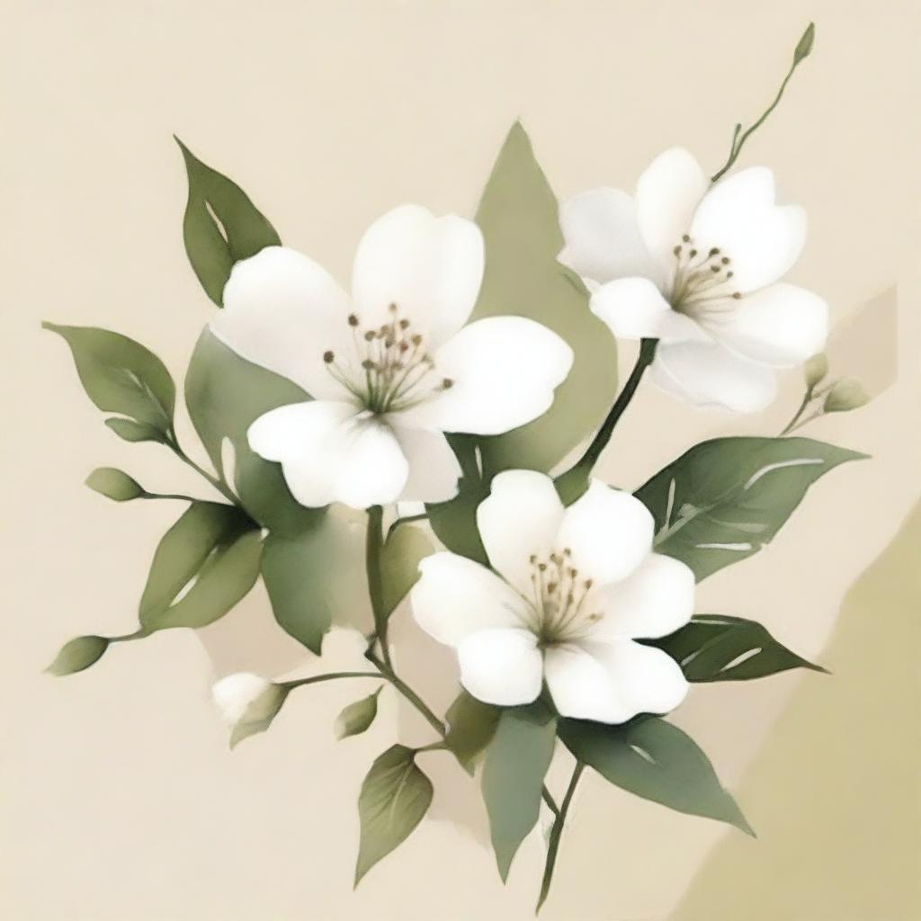 Create a watercolor painting of white plants and flowers with a beige background