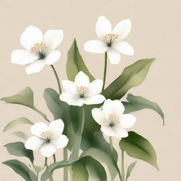 Create a watercolor painting of white plants and flowers with a beige background