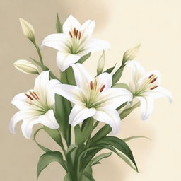 Create a watercolor painting of white lilies with a beige background