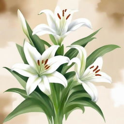 Create a watercolor painting of white lilies with a beige background