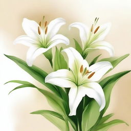 Create a watercolor painting of white lilies with a beige background