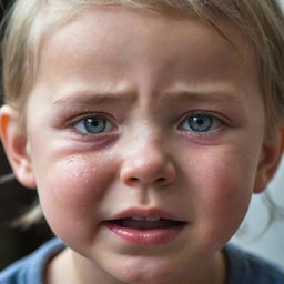 A detailed image of a child crying subtly, expressing intense emotions. Their face is bathed in soft natural light, highlighting the teardrops streaming down their cheeks.