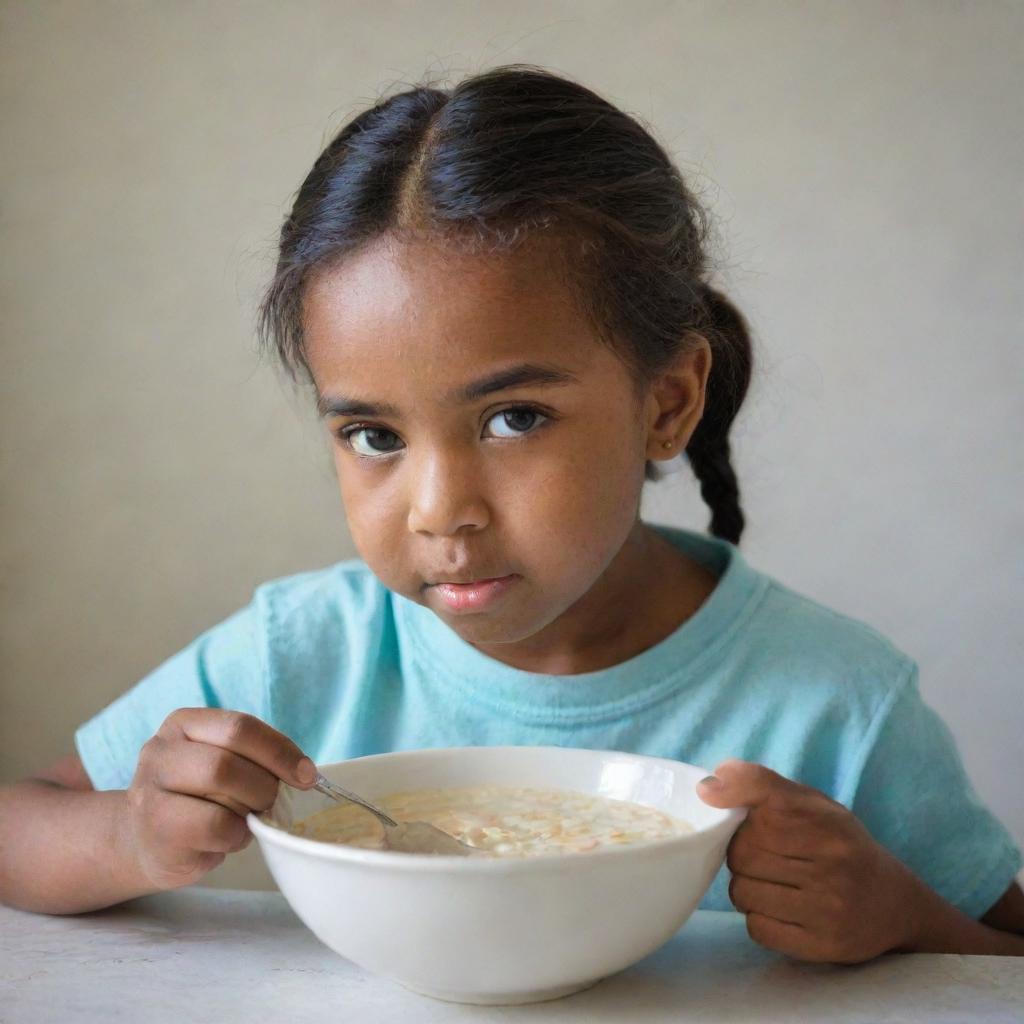 A young girl engrossed in eating a bowl of porridge