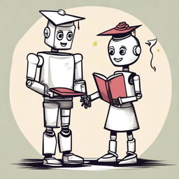 Create a doodle of a male robot giving a book and a rose to a female robot