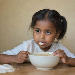 A young girl engrossed in eating a bowl of porridge