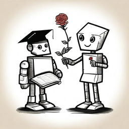 Create a doodle of a male robot giving a book and a rose to a female robot