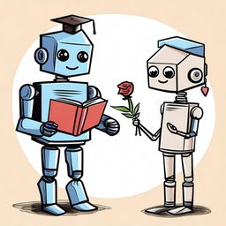 Create a doodle of a male robot giving a book and a rose to a female robot