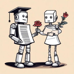 Create a doodle of a male robot giving a book and a rose to a female robot