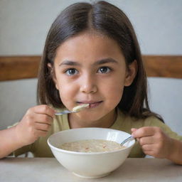 A young girl engrossed in eating a bowl of porridge