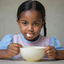 A young girl engrossed in eating a bowl of porridge